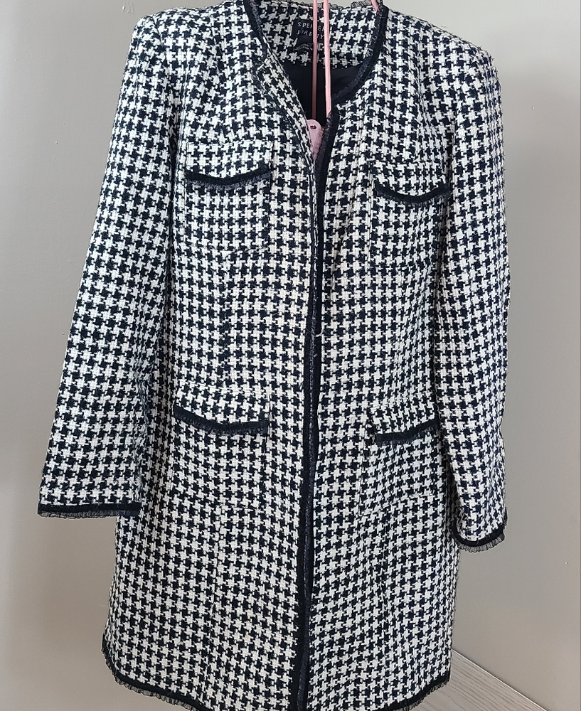 Spenser Jeremy Houndstooth Black & White Jacket Coat Womens Ruffled Trim